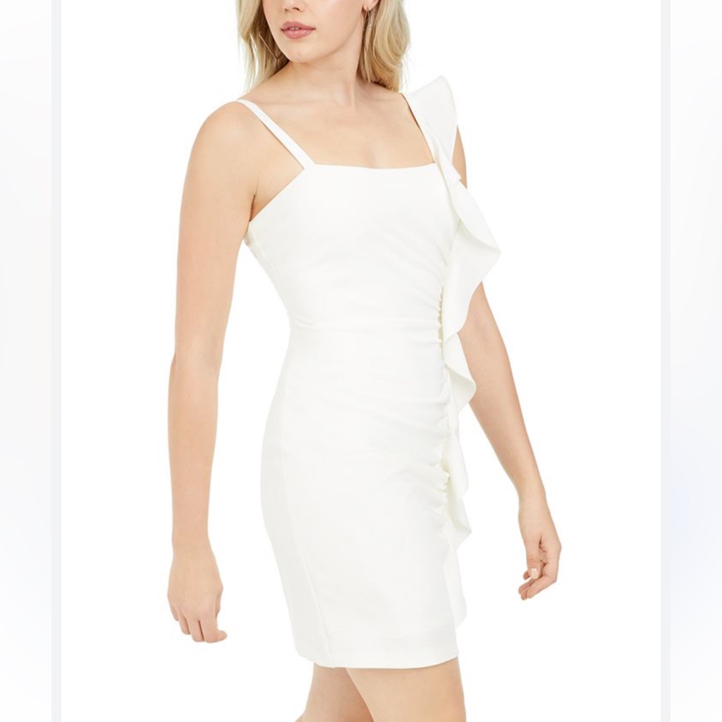 Nwt Guess Sz 10 Women’s White Ruffle Strappy Mini Bodycon Lined Dress Ret $128!